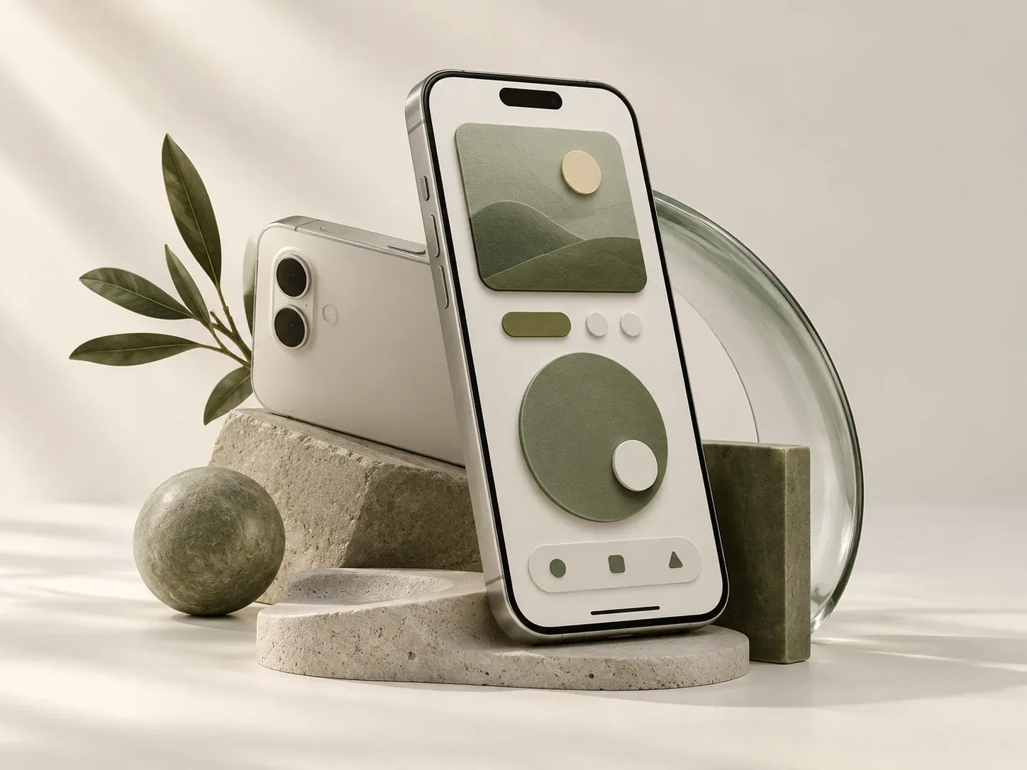 Deux smartphones aux interfaces épurées, en vert sauge et métal.