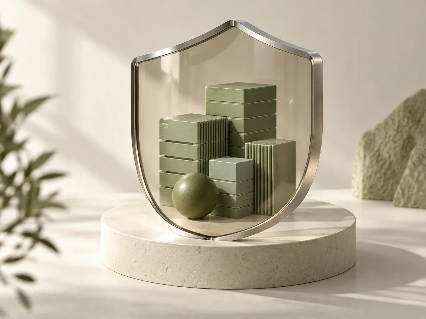 Bouclier de verre protégeant des modules verts, symbole de sécurité des données.