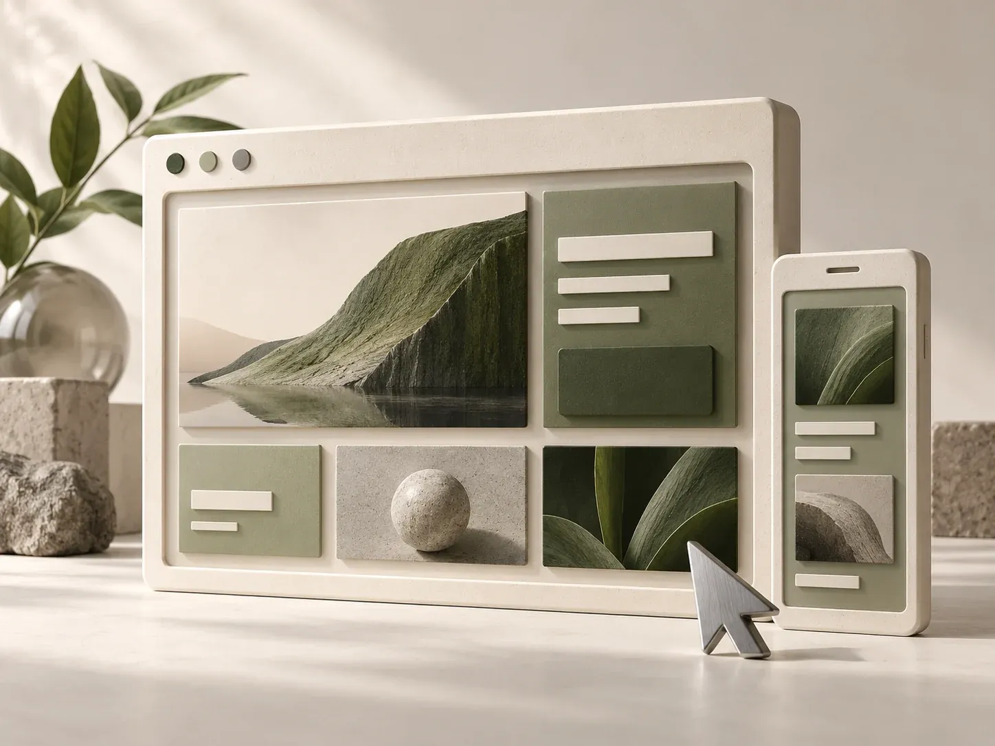 Composition 3D d’une interface web et de sa version mobile, en vert et ivoire.